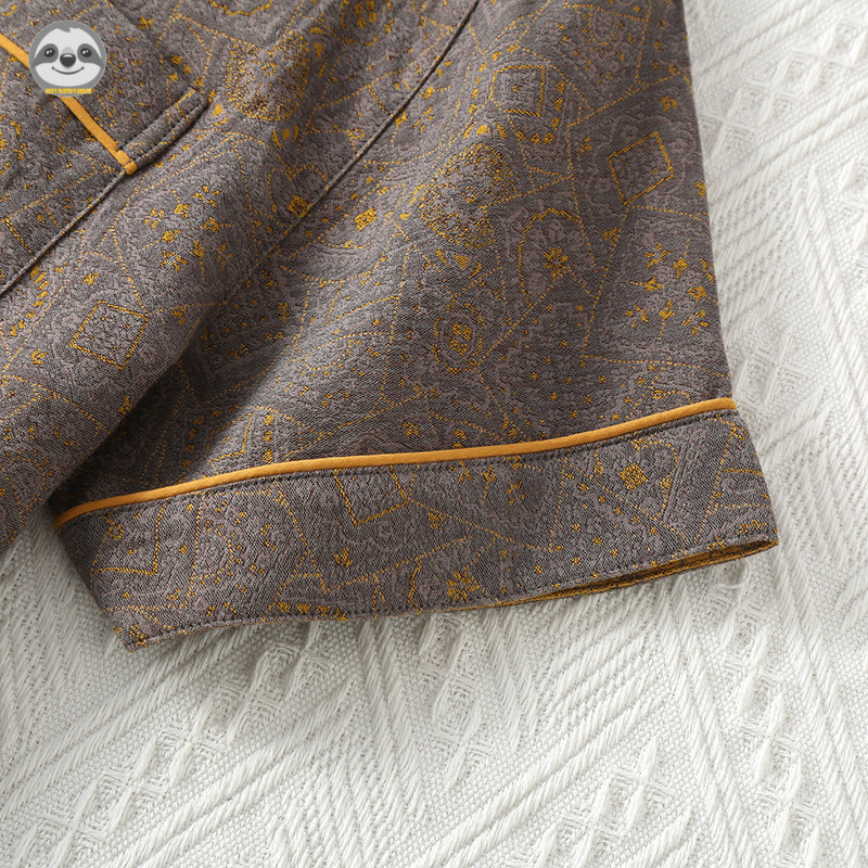 Phong cách Nhật Bản Muji Style - Bộ đồ ngủ ngắn tay Cotton nguyên chất dành cho nam Retro Jacquard - Quần áo gia đình mỏng có thể mặc bên ngoài