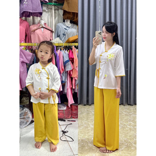 Set đồ lụa mẹ và bé gái ( mẹ bé bán riêng) cổ tim bông đào, đồ bộ bé gái