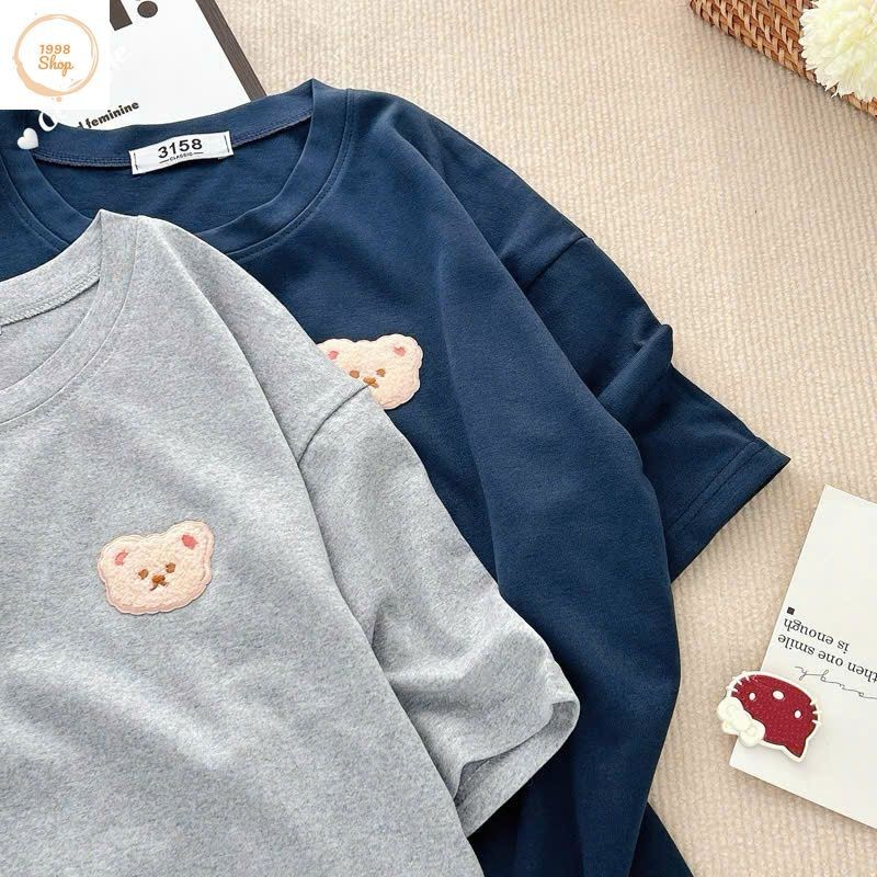 Áo phông form rộng tay lỡ chất vải cotton , áo cổ tròn nam nữ- GẤU DÂU IN NGỰC
