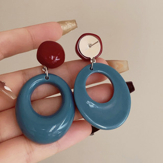 Retro Phong Cách Hồng Kông Vòng Tròn Màu Sắc Tương Phản Bông Tai Nữ Phong Cách Ngày Lễ Màu Xanh Niche Thiết Kế