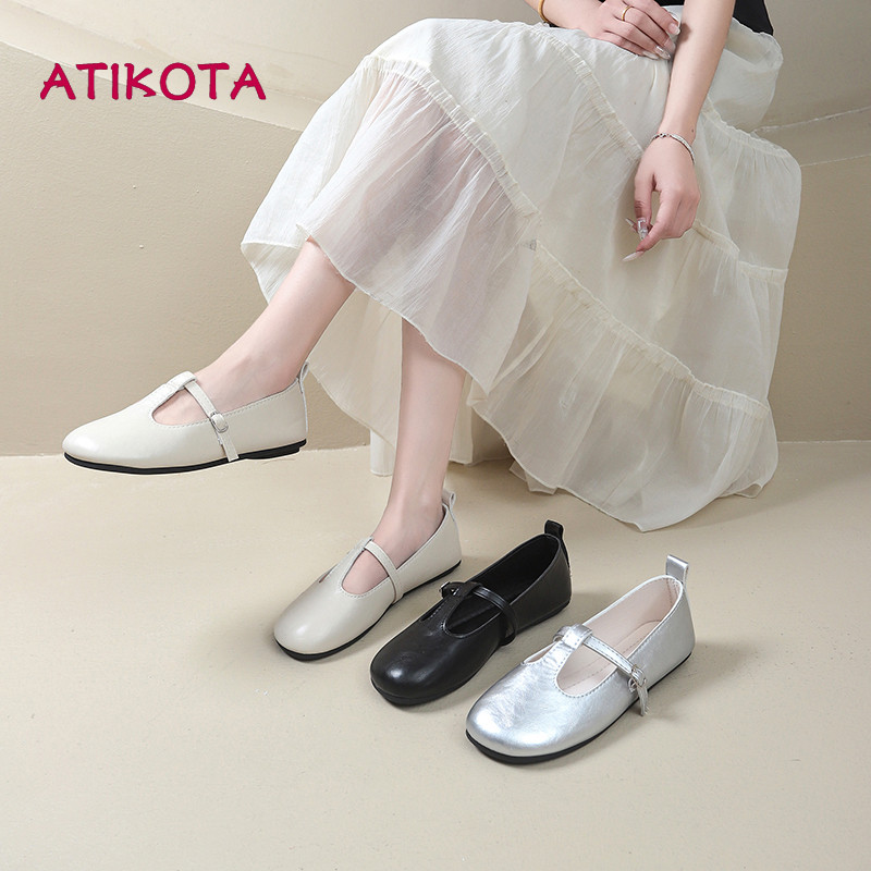 Atikota Nữ Retro Giày Da Nông Miệng Đa Năng Thời Trang Thoải Mái Ngoài Trời Căn Hộ