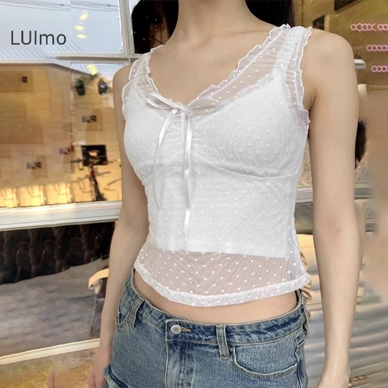 LUImo Mùa Hè Ngọt Ngào BM Phong Cách Tình Yêu Thêu Cổ Chữ V Không Tay Ren Cho Nữ SBS