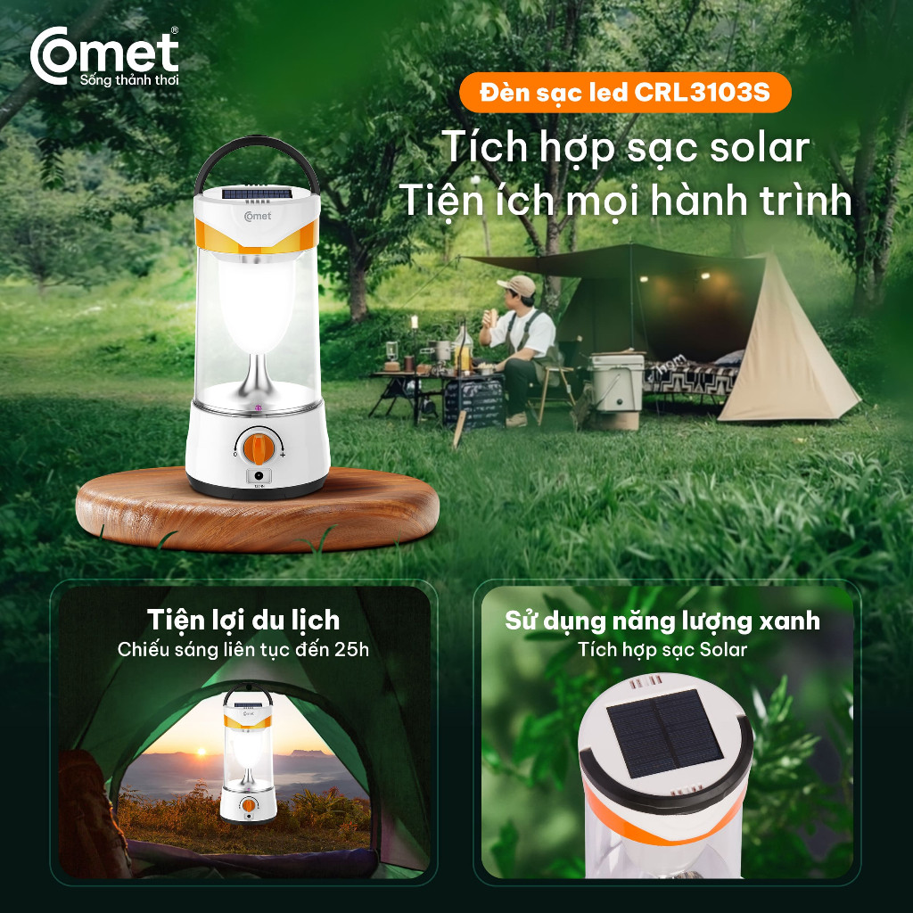Đèn Sạc Tích Điện Comet CRL3103S 10W - Năng Lượng Mặt Trời Siêu Sáng - Bảo hành chính hãng 12 tháng
