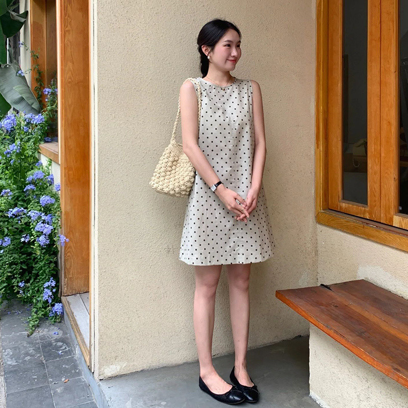 Polka dot skirts Váy không tay phong cách Hàn Quốc, váy tank ôm sát