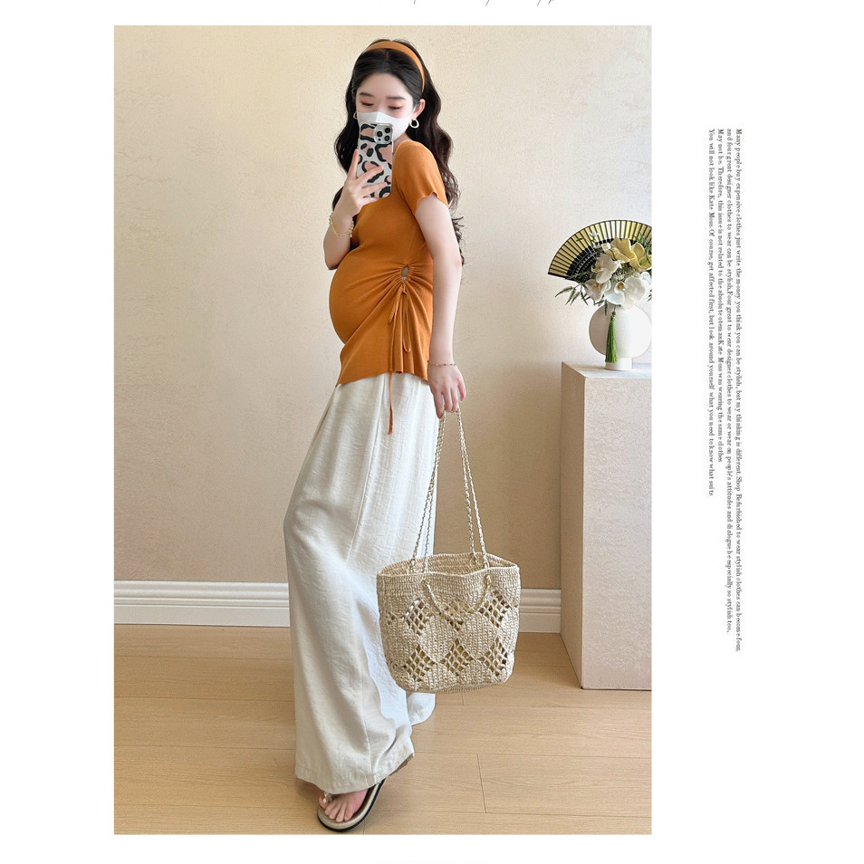 Bộ đồ bà bầu Áo ngắn tay có dây rút mùa hè + Quần ống rộng Bộ đồ hai mảnh