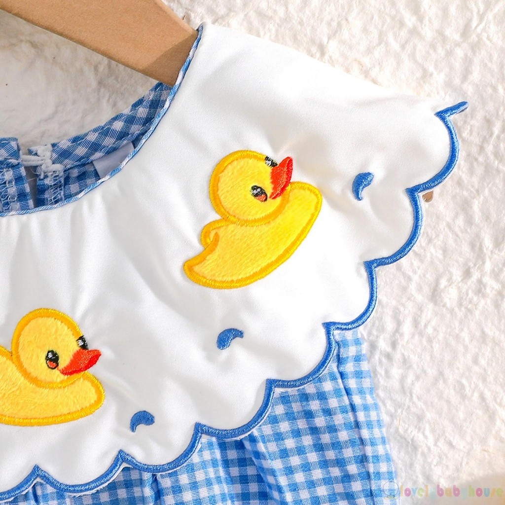 LBH-Baby Girl Mùa Hè Kẻ Sọc Xanh Không Tay Búp Bê Cổ Vịt Thêu Áo Liền Quần