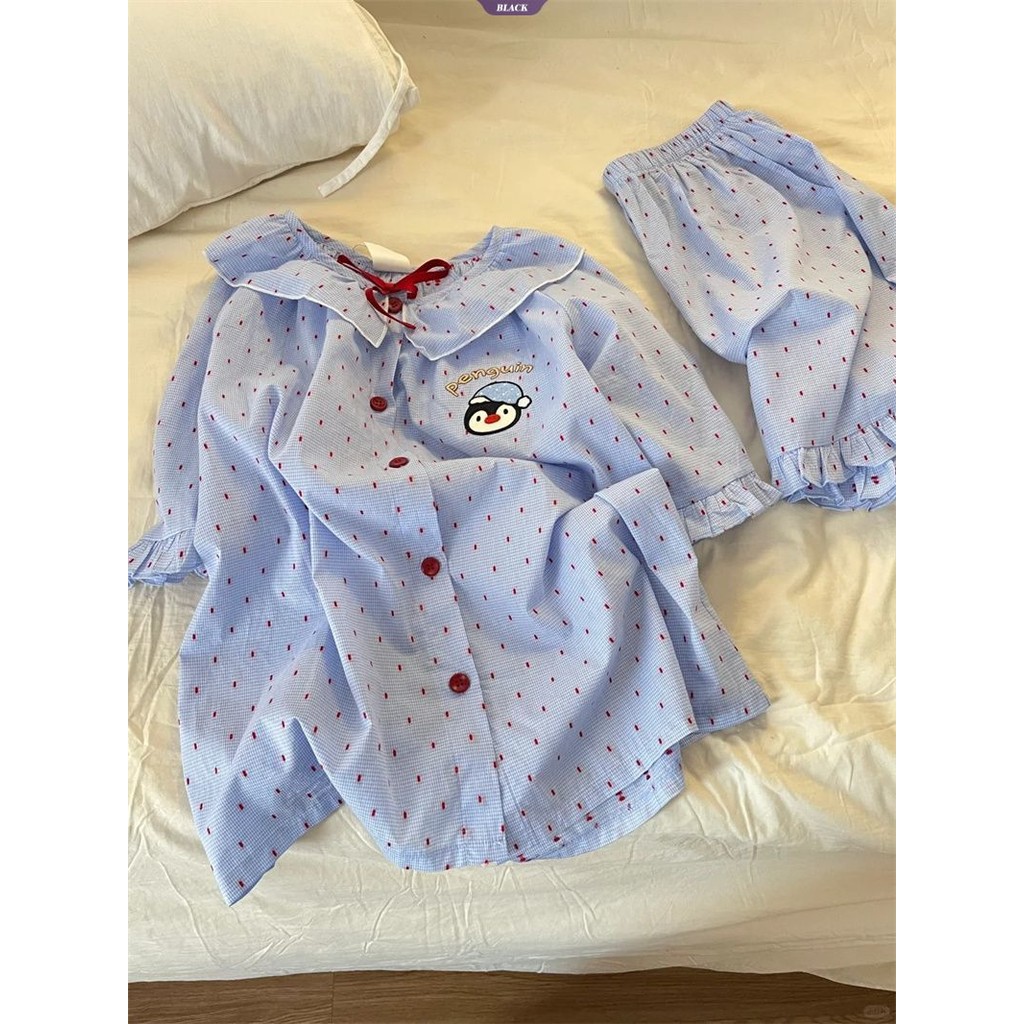 Penguin Chấm Bi Bộ Đồ Ngủ Ren Nữ Mùa Hè 2025 Mới Ngọt Ngào Quần Short Tay Loopy Set [BL]