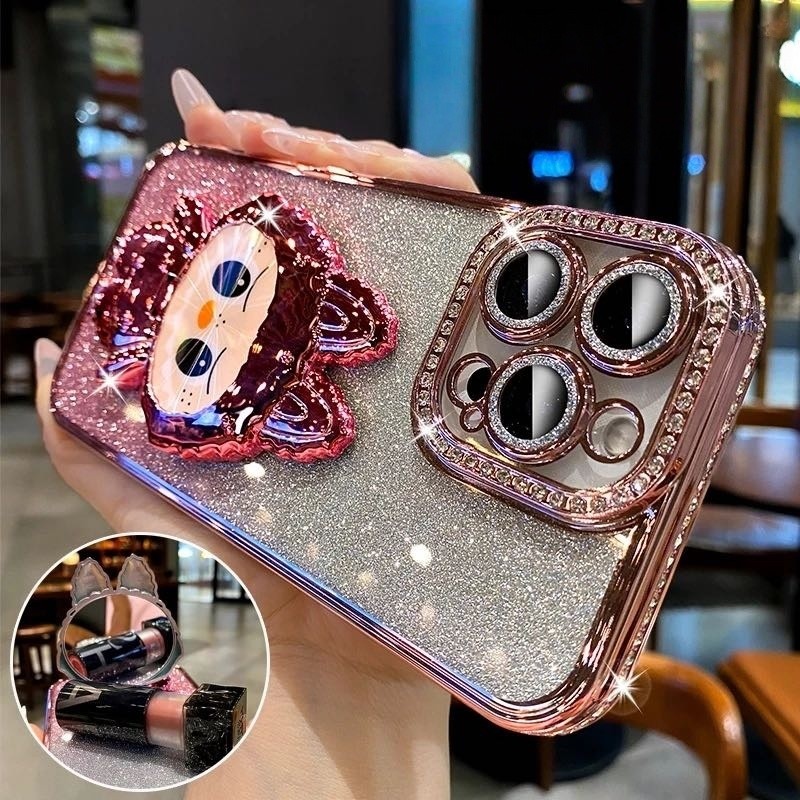 Ốp điện thoại giá đỡ gương mạ điện cho iPhone 16 11 12 13 14 15 Pro Max 16 15 plus Bảo vệ Camera ống kính Vỏ chống sốc Vỏ mềm TPU vỏ bảo vệ điện thoại