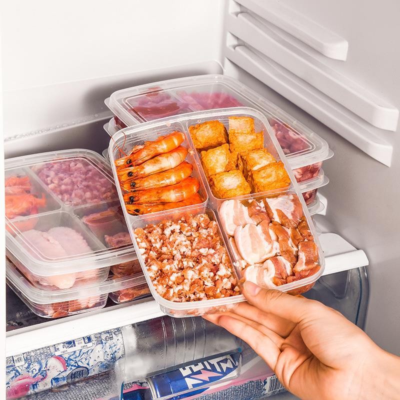 Hộp đựng bảo quản thực phẩm đông lạnh chia 4 ngăn Nắp Dẻo trong suốt 20x13.5x3.5cm amizin