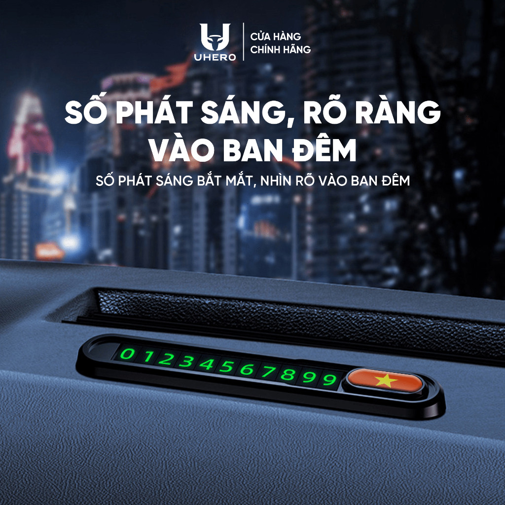 Bảng số điện thoại ô tô UHERO logo cờ tổ quốc gắn taplo tiện lợi, bộ số nam châm phản quang