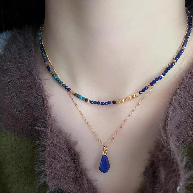 Tự nhiên lapis lazuli đường khối vỡ bạc đính cườm ngọc lam Quà tặng Trung Quốc vòng cổ