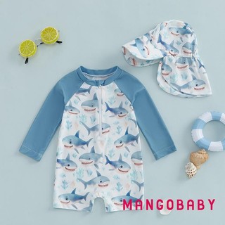 MG-Toddler Bé Trai Dài Tay Đồ Bơi In Hình Cá Mập Nửa Dây Kéo Chống Đập Rash Guard Đồ Bơi Sunhat Bộ