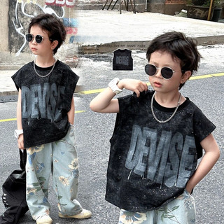 Mùa Hè Mỏng Phong Cách Bé Trai Áo Thun Không Tay Bé Trai In Chữ Áo Vest Top Trẻ Em Đính Kim Sa Lấp Lánh Áo Vest Thường Ngày