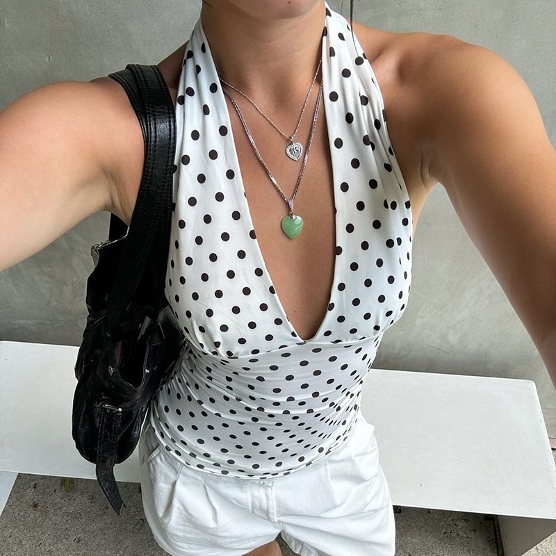 Klalien Thời Trang Dây Chữ v Cổ Áo Vest Nữ Ren-Up Backless Chấm Bi In Không Tay Skinny Mùa Hè Hàng Ngày Đường Phố Đa Năng Áo