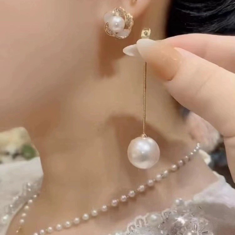 Bông tai ngọc trai cao cấp thanh lịch với kim bạc 925, có thể đeo hai chiều, tua rua hoa, kẹp tai MUXQ