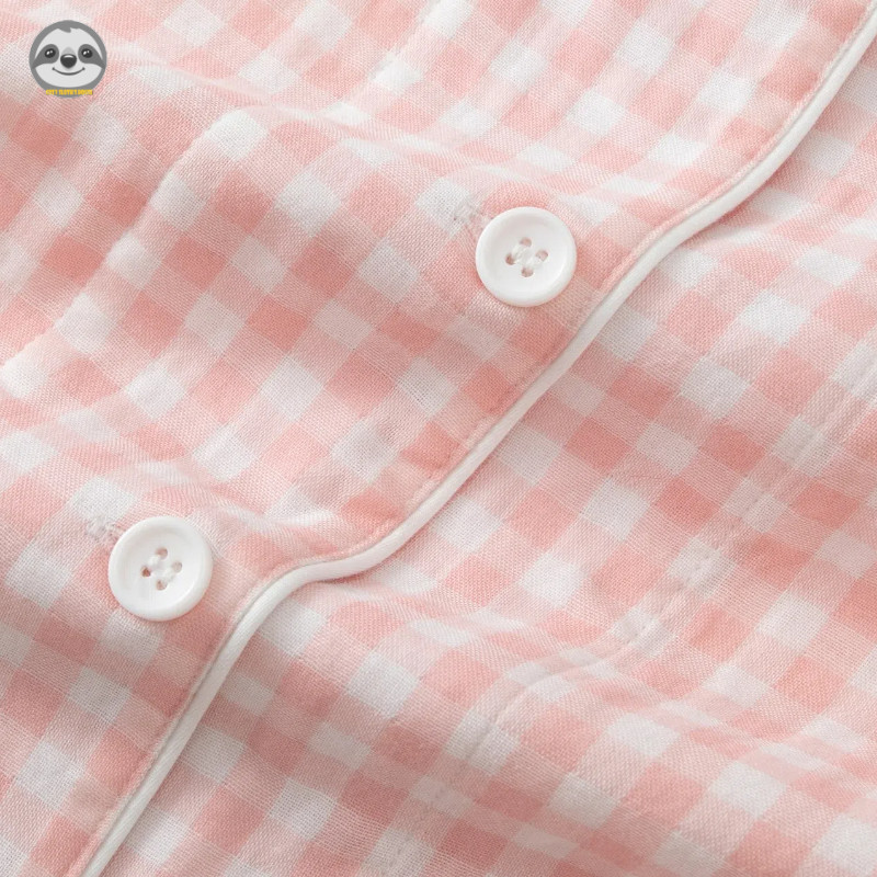 Phong cách Nhật Bản Muji Style / Bộ đồ ngủ kẻ sọc sợi hai lớp bằng vải Cotton Bộ ba mảnh / Có thể mặc quần Short ngắn tay bằng vải Cotton bên ngoài