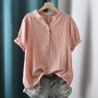 Áo sơ mi tay ngắn nữ chất lượng cao, hai lớp sợi cotton 100%, thiết kế cổ V nửa theo xu hướng Hàn Quốc mới nhất cho mùa hè.