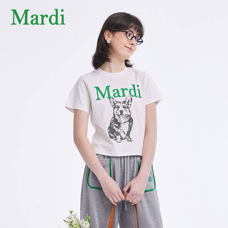 Áo thun cotton nguyên chất Mardi Mercredi dáng rộng và cao cấp, cổ tròn in hoa cúc ngắn tay thích hợp