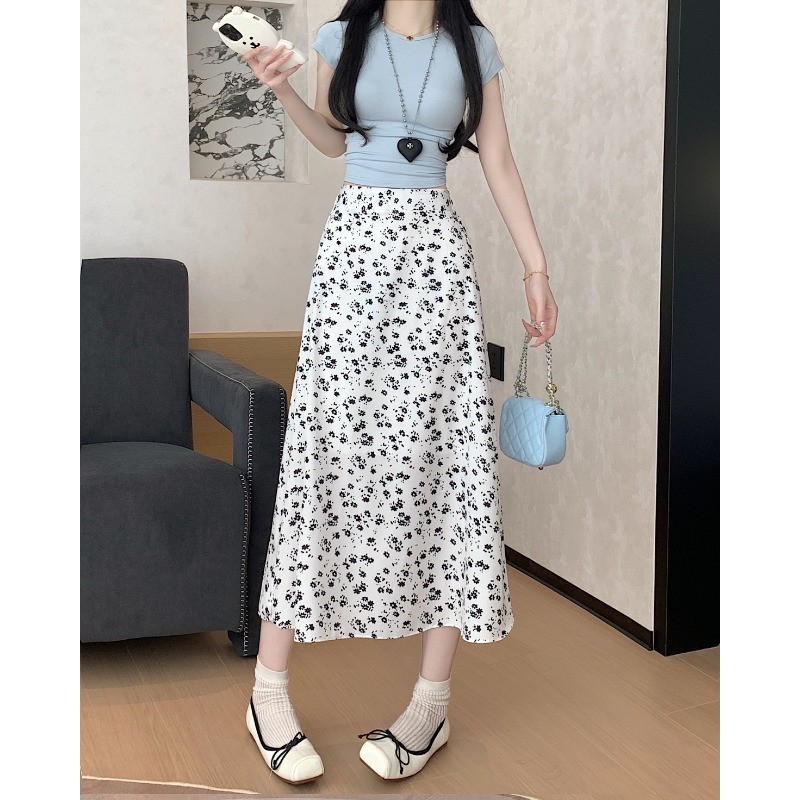 SUXI Váy chữ A họa tiết hoa lưng cao kiểu Hàn Quốc mới mùa hè 250603