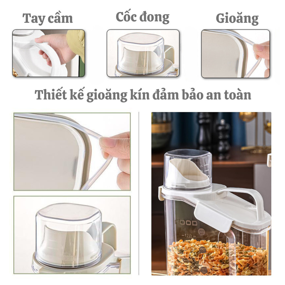 Hộp đựng bảo quản ngũ cốc các loại hạt có nắp kín chống ẩm, Bình đựng ngũ cốc kèm cốc đong tiện lợi DINOHOME