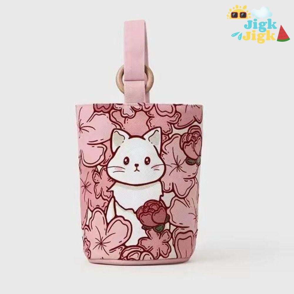 Túi xi lanh JIAKK, Túi xô mèo đáng yêu in hình hoạt hình bằng vải Canvas, Túi đựng đồ ăn trưa di động chống nước