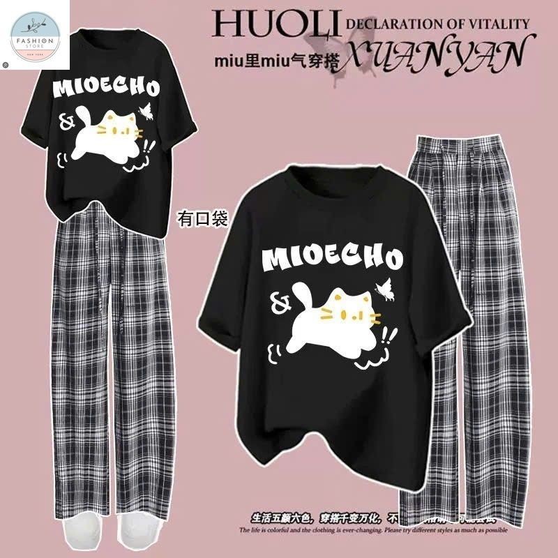 Sét Bộ Quần Ống Suông Kẻ Caro Đen + Mix Áo Phông mèo STUDEN Form Rộng Unisex-QUẦN ÁO 94