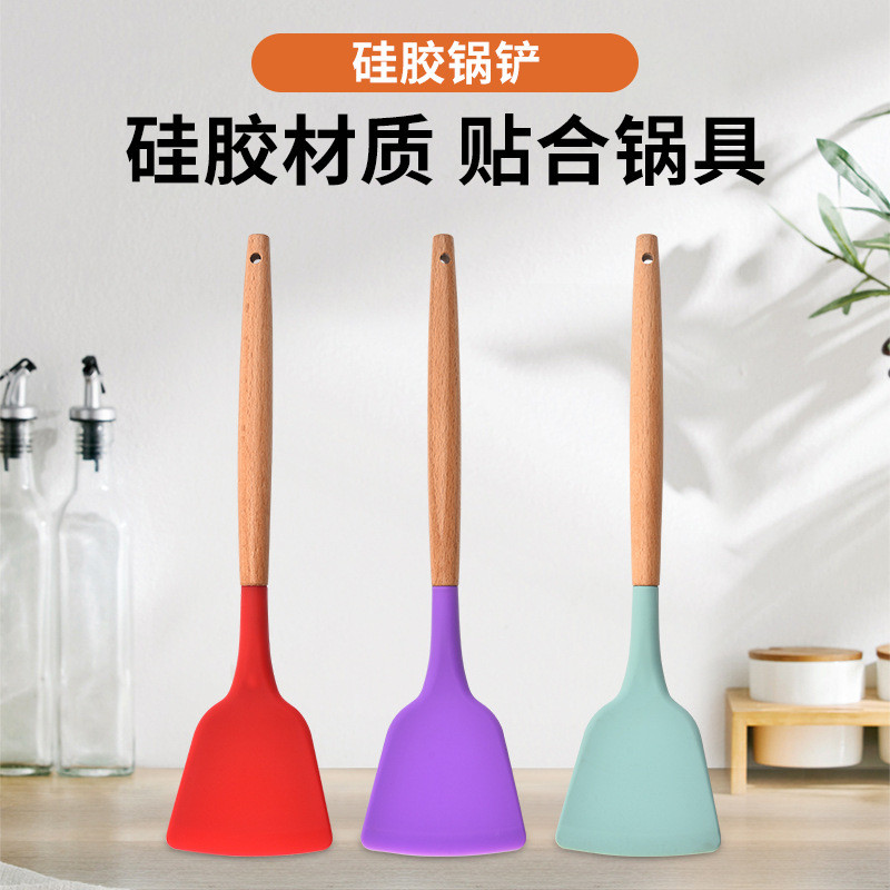 Thìa Silicon Tay Cầm Bằng Gỗ Thìa Nấu Ăn Hộ Gia Đình Thìa Trung Quốc Nhà Bếp Dụng Cụ Nhà Bếp Dụng Cụ