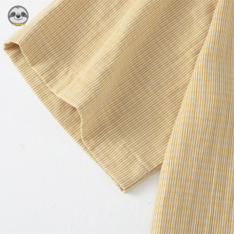 Phong cách Nhật Bản Muji Style / Bộ đồ ngủ ngắn tay sọc dây rút Cotton nguyên chất / Bộ đồ ngủ nữ sợi hai lớp phong cách mỏng Cotton sọc mùa hè