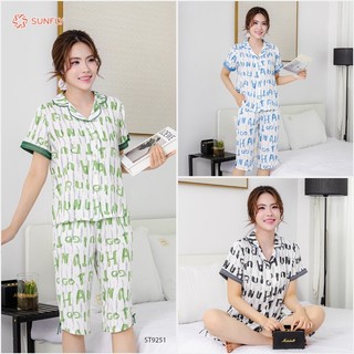 Bộ pijama nữ lanh ht SUNFLY áo cộc quần ngố ST9251