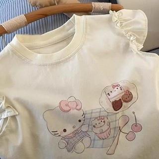 Áo thun cotton tay ngắn mùa hè phong cách Hàn Quốc cho bé gái, in hình mèo KT dễ thương, áo tay bèo cho trẻ em