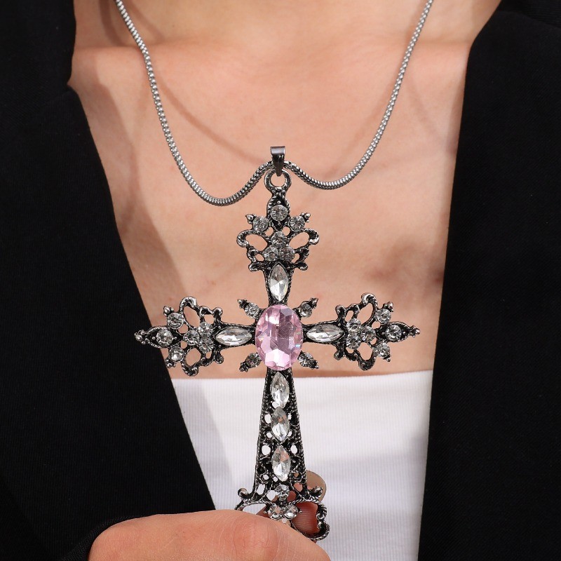 Vòng Cổ Mặt Dây Chuyền Chữ Thập Lớn - Dùng Cho Tiệc, Mặc Hàng Ngày - Punk, Gothic, Vintage - Vòng Cổ Choker Dài Kim Cương Giả Hồng - Quà Tặng Trang Sức Cho Cặp Đôi, BFF