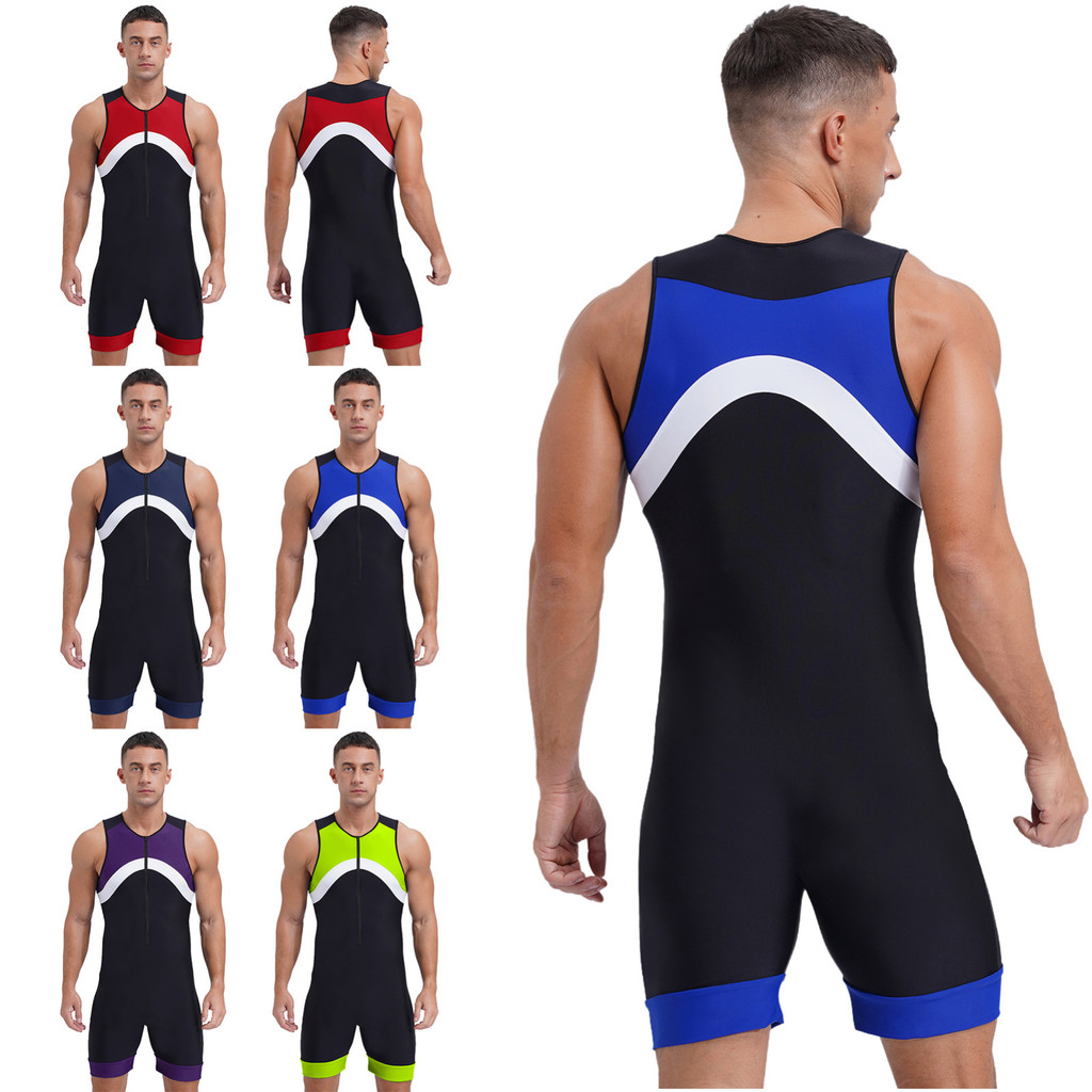 YOOJOO Nam Thể Thao Áo liền quần Màu Sắc Tương Phản Không Tay Dây Kéo Body Bơi Lướt Sóng Đi Xe Đạp Đi Bộ Tập Luyện