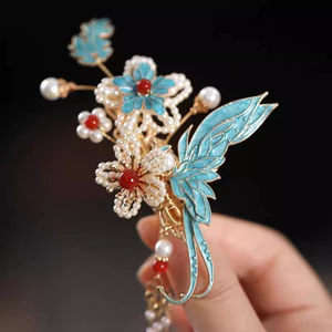 MAUROPOLI [Sẵn Sàng] Mũ Đội Đầu Hanfu Hình Bước Viền Cổ Điển Đốt Xanh Mới Phong Cách Trung Hoa Váy Ngựa Phụ Kiện Tóc Cưới Kẹp Bên sườn Xám Phụ Kiện Tóc Nữ