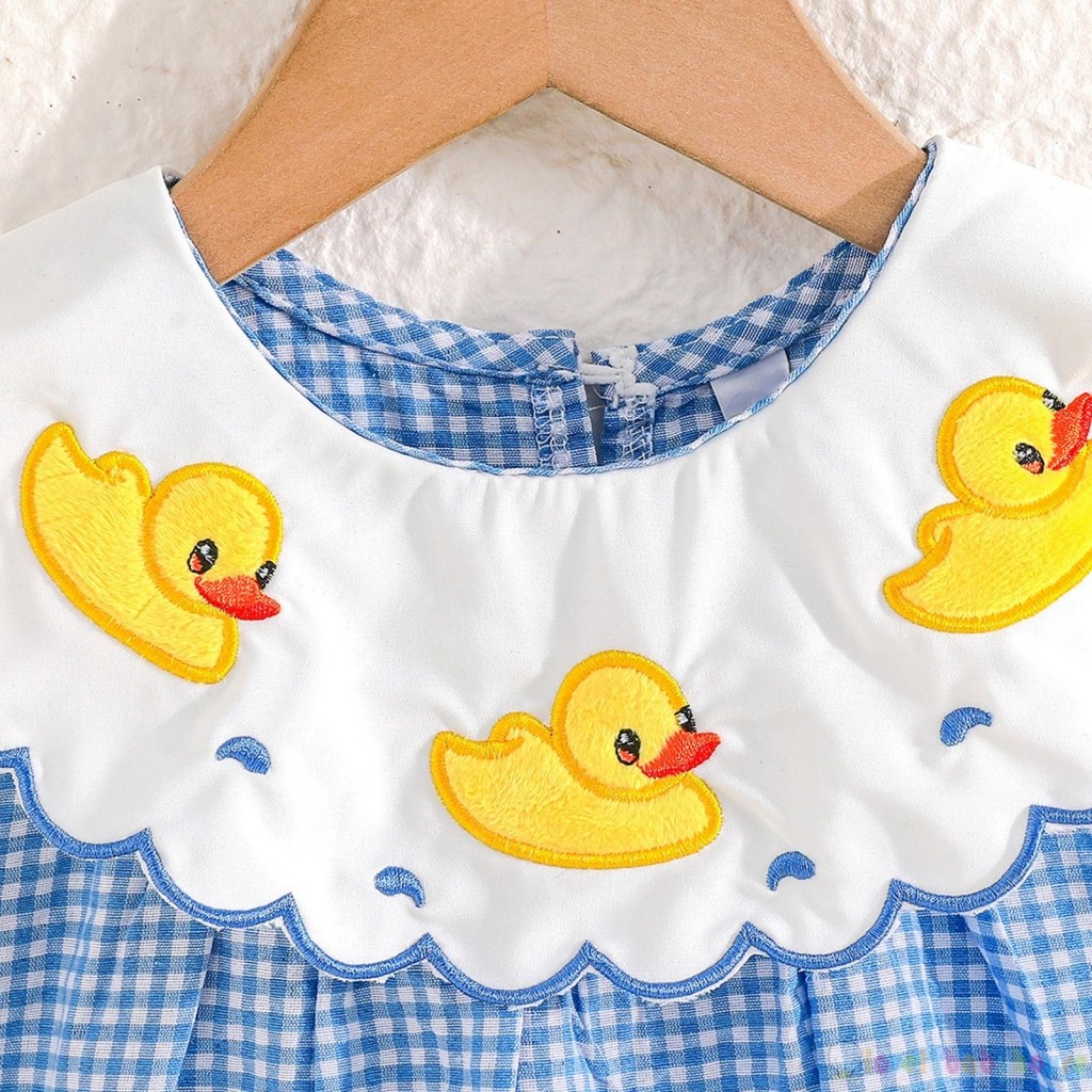 LBH-Baby Girl Mùa Hè Kẻ Sọc Xanh Không Tay Búp Bê Cổ Vịt Thêu Áo Liền Quần