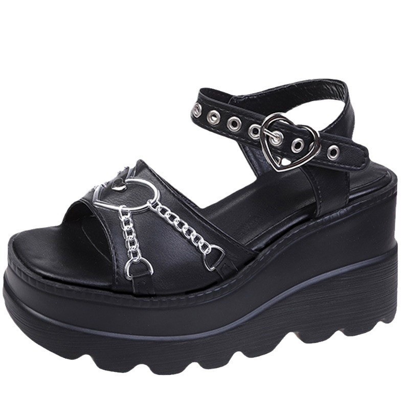 Giày Nữ Gothic Dây Xích Kim Loại Tình Yêu Bông Tai Kẹp ins Nền Tảng Đế Nêm Sandal