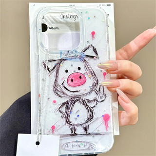Ốp điện thoại hình heo con Graffiti Bier Line màu trắng dễ thương Thích hợp cho iPhone16 15 14 13 Pro max Bảo vệ Camera chống sốc Vỏ cứng chống rơi