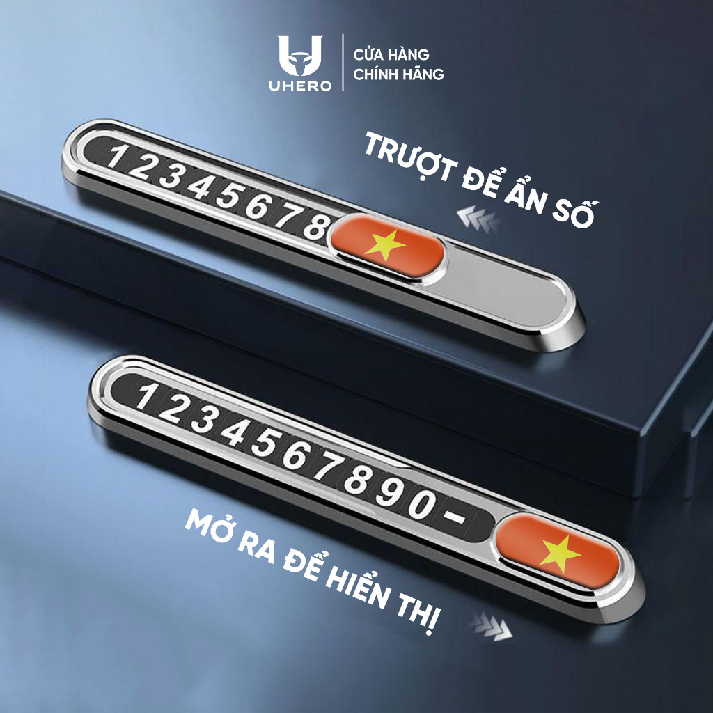 Bảng số điện thoại ô tô UHERO logo cờ tổ quốc gắn taplo tiện lợi, bộ số nam châm phản quang