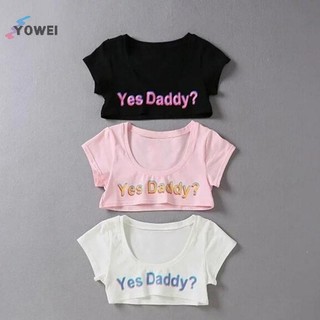 YOWEI Nữ In Chữ Tay Ngắn Yes Daddy Tay Ngắn Crop Running Áo VN