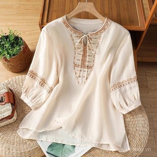 Nữ Mùa Hè Vải Lanh Cotton Thêu Retro Áo Sơ Mi 3/4 Tay Rời Plus Size Mỏng