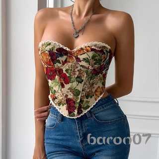 Phụ Nữ Bustier Ống Áo Mùa Hè Vintage Hoa Buộc Corset Off-Shoulder Bandeau Áo Sơ Mi Không Lưng Cho Dạo Phố