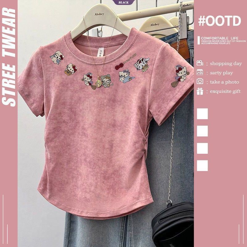 Phim hoạt hình HelloKitty Áo thun ngắn xếp li nữ mùa hè Tie-dye Hồng Phong cách đại học Áo ngắn tay mỏng [BL]