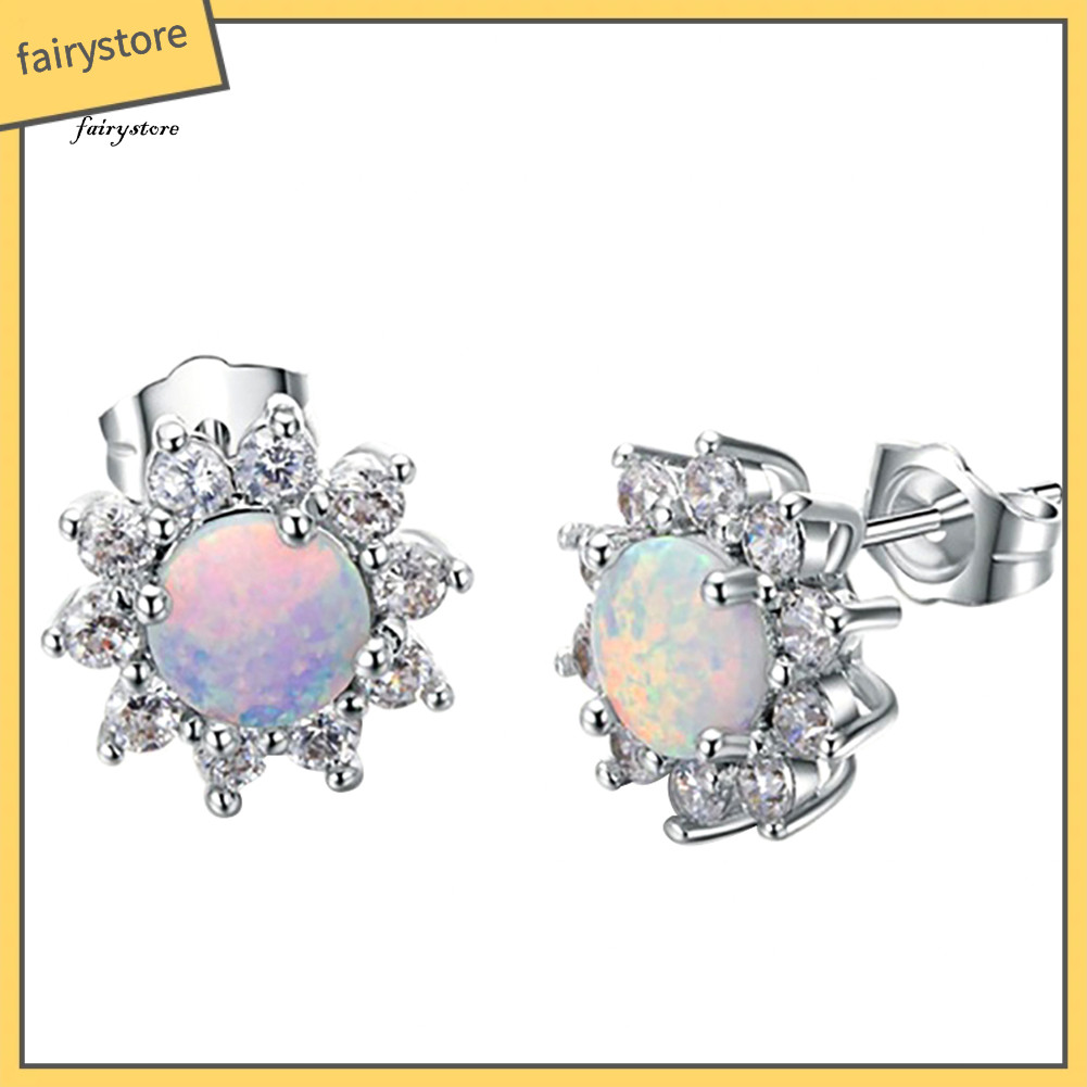Fairystore| Sáng Bóng Tròn Giả Opal Vương Miện Hình Quyến Rũ Bông Tai Nữ Dự Tiệc Trang Sức Quà Tặng