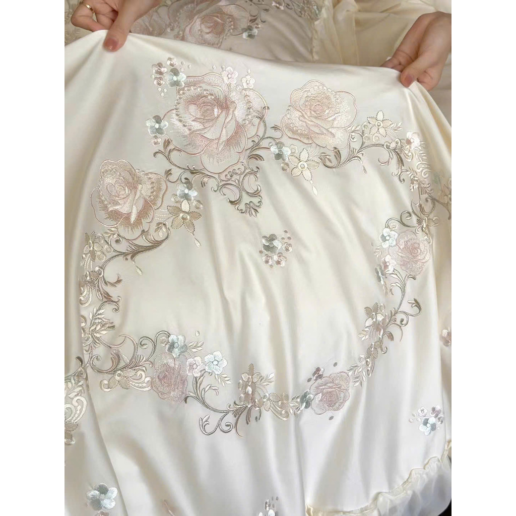 (L41538)Bộ Chăn Ga Gối Chất Liệu Lụa 100s Cao Cấp Thêu Hoa Kết Hợp Viền Bèo Tinh Xảo Tiểu Thư - Memminbedding Luxury
