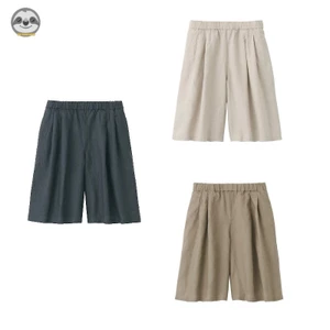 Phong cách Nhật Bản Muji Style / Quần vải lanh nữ ống rộng năm điểm / Quần đi biển dáng rộng