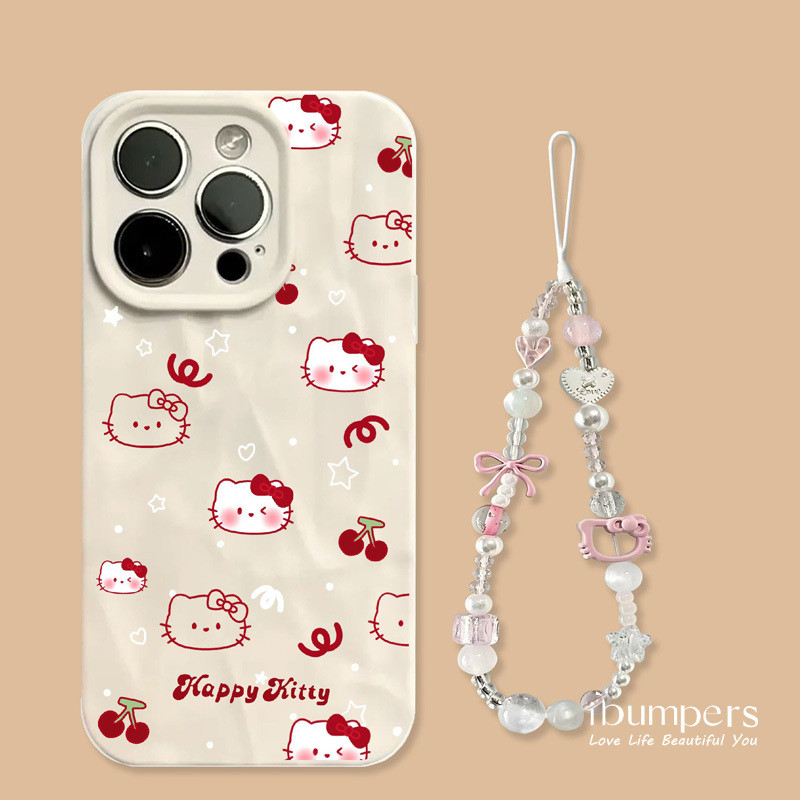 ibumpers Ốp Điện Thoại iPhone Họa Tiết Hello Kitty Dễ Thương Quyến Rũ + Dây Buộc Cho IPhone 16 15 14 12 13 11 Pro Max IP 7 8 Plus X XS XR Xếp Ly Ốp Lưng Silicon Mềm Chống Sốc
