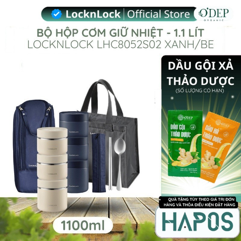 Bộ hộp cơm giữ nhiệt LocknLock 1.1L Chính hãng 3 ngăn, Kèm túi đựng muỗng đũa, giữ nhiệt lâu - HAPOS HOME