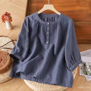 Áo sơ mi cotton lanh vintage cỡ lớn cho phụ nữ, tay áo 5/4, chất liệu cotton nguyên chất, kiểu dáng rộng rãi, áo blouse thường ngày
