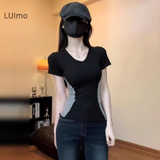 LUImo Mùa Hè Mỹ Retro Màu Sắc Tương Phản Gợi Cảm Cổ Chữ V Tay Ngắn Áo Thun Nữ SBS