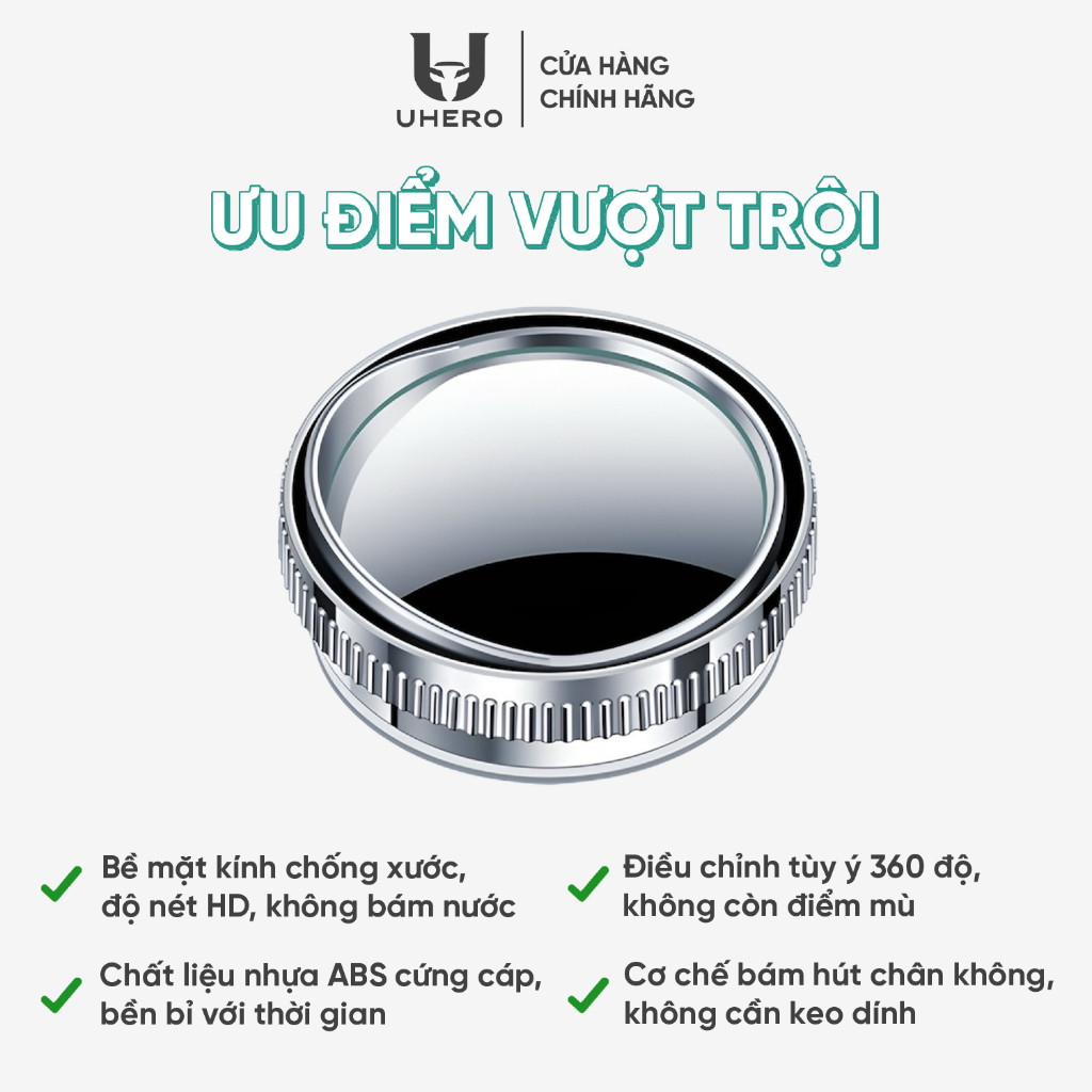 Cặp 2 gương cầu lồi ô tô UHERO góc rộng xoay 360 xoá điểm mù, đế hút chân không cực chắc chắn GCL01
