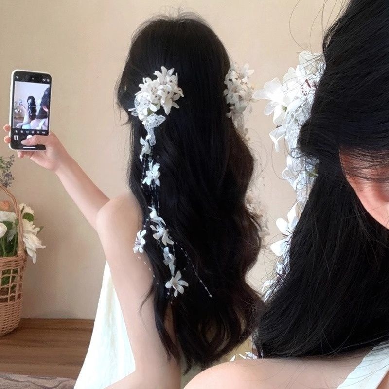 Kẹp tóc tua rua hoa lily thanh lịch - phụ kiện mùa hè đi biển ren nơ mỏ vịt